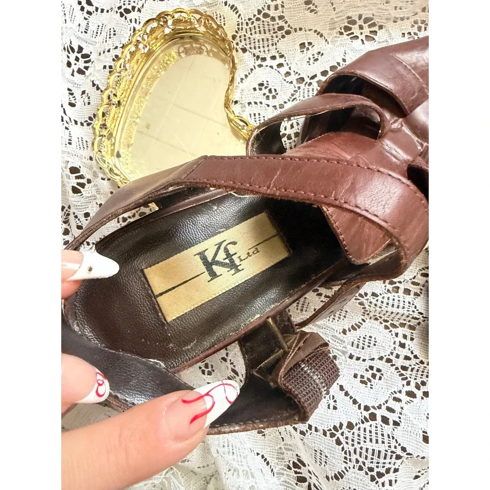 KF‎ Ltd Vintage Brown Leather Strappy Block Heel Sandals Made in Brazil 6.5M